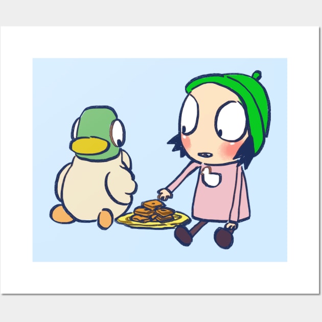 sarah and duck sharing cookies / children's cartoon Wall Art by mudwizard